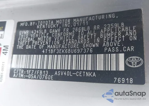 2011 Toyota Camry Le z USA, uszkodzony, nr VIN 4T1BF3EK6BU697376
